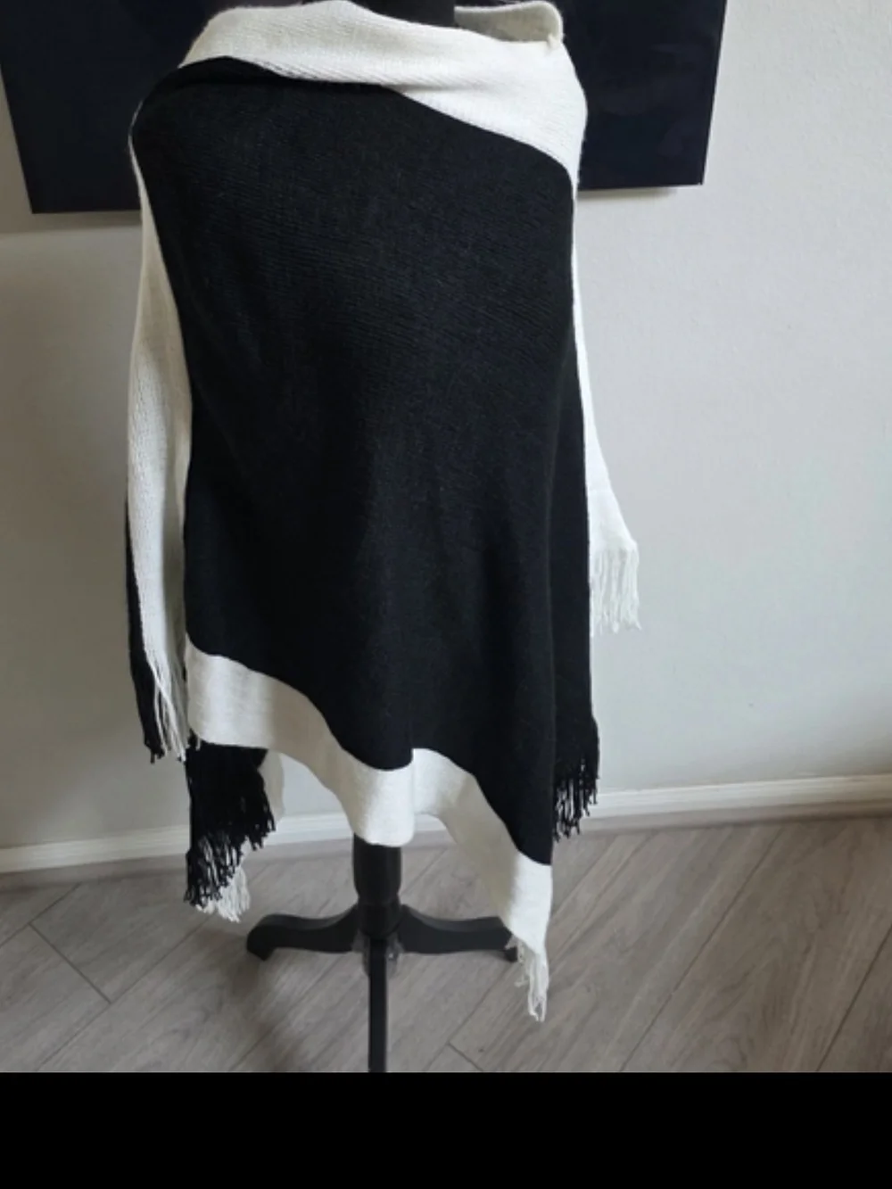 Black and White Fringe Poncho Sweater - Women OSFM